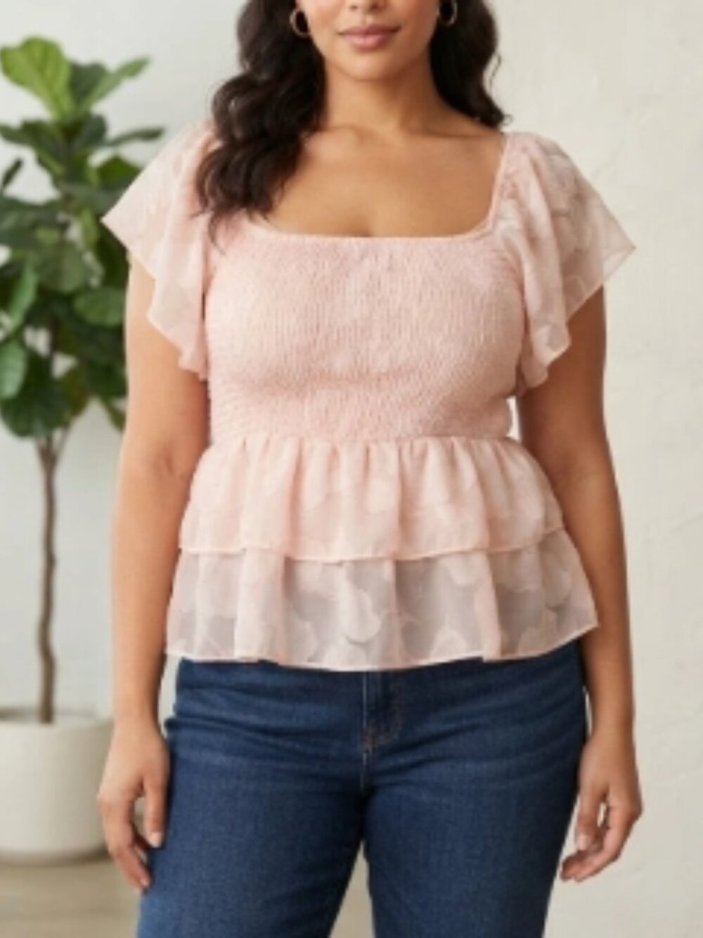 Shein Curve Blush Pink Smocked Peplum Babydoll Top 1XL Coquette Cottagecore